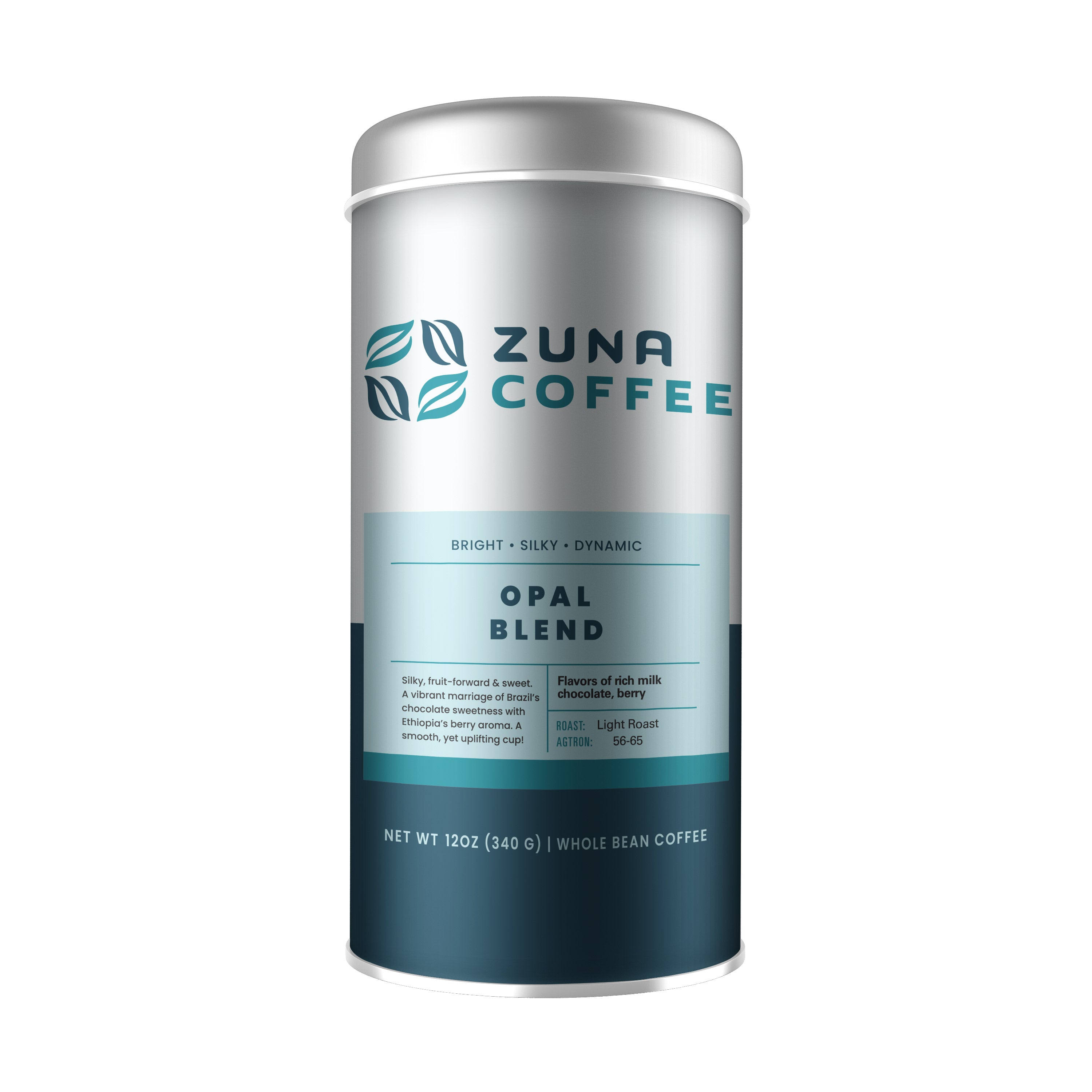 A 12 oz canister of Zuna Coffee Topaz Blend whole bean coffee, featuring a metallic silver and teal design on a plain white background.