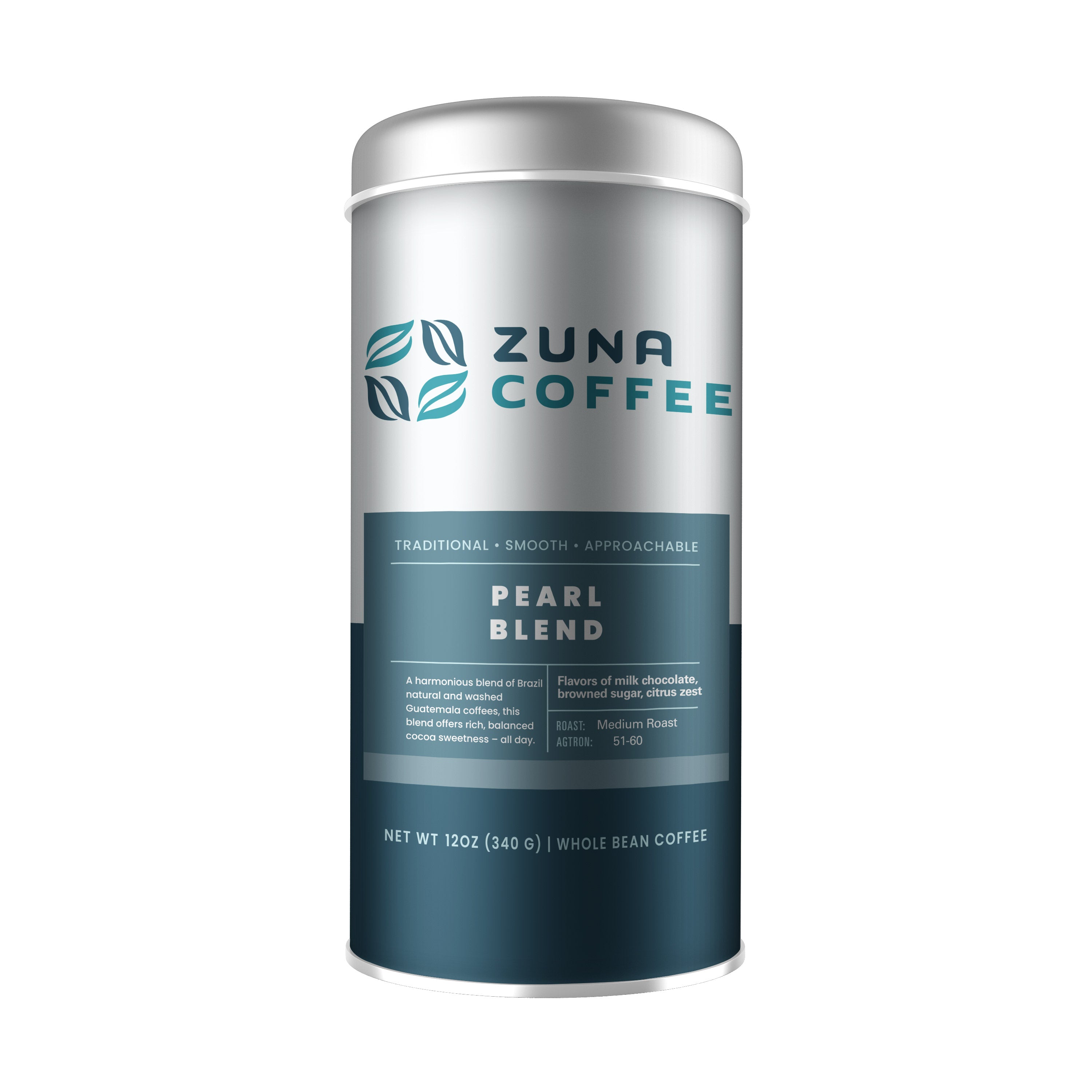 A silver cylindrical canister of Zuna Coffee Pearl Blend whole bean coffee on a plain white background.