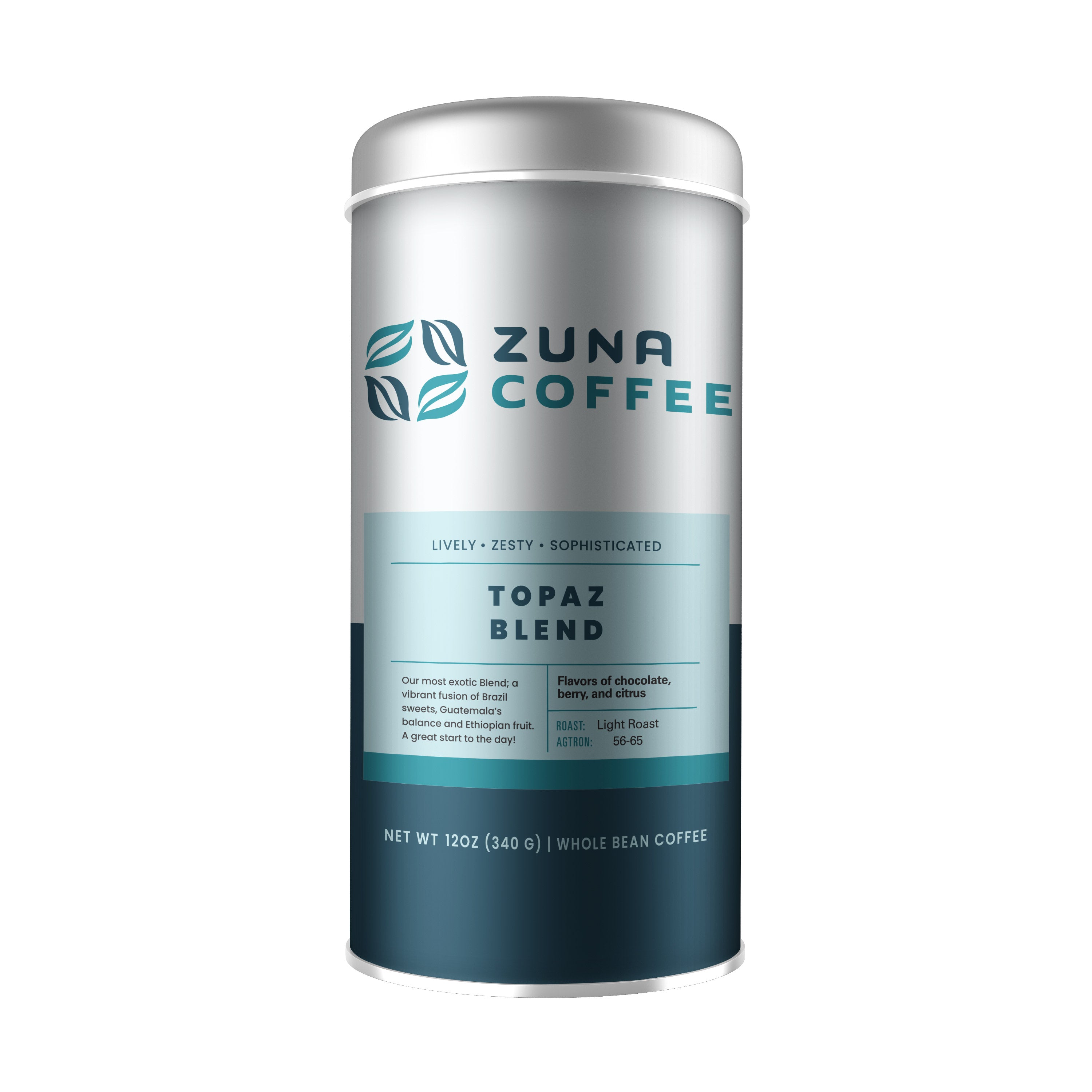 A 12 oz canister of Zuna Coffee Topaz Blend whole bean coffee, featuring a metallic silver and teal design on a plain white background.