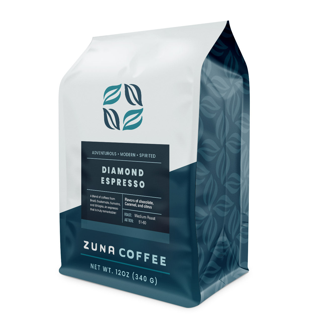 A 12 oz bag of Zuna Coffee Diamond Espresso coffee, featuring a white and dark teal packaging design with a black label in the center.