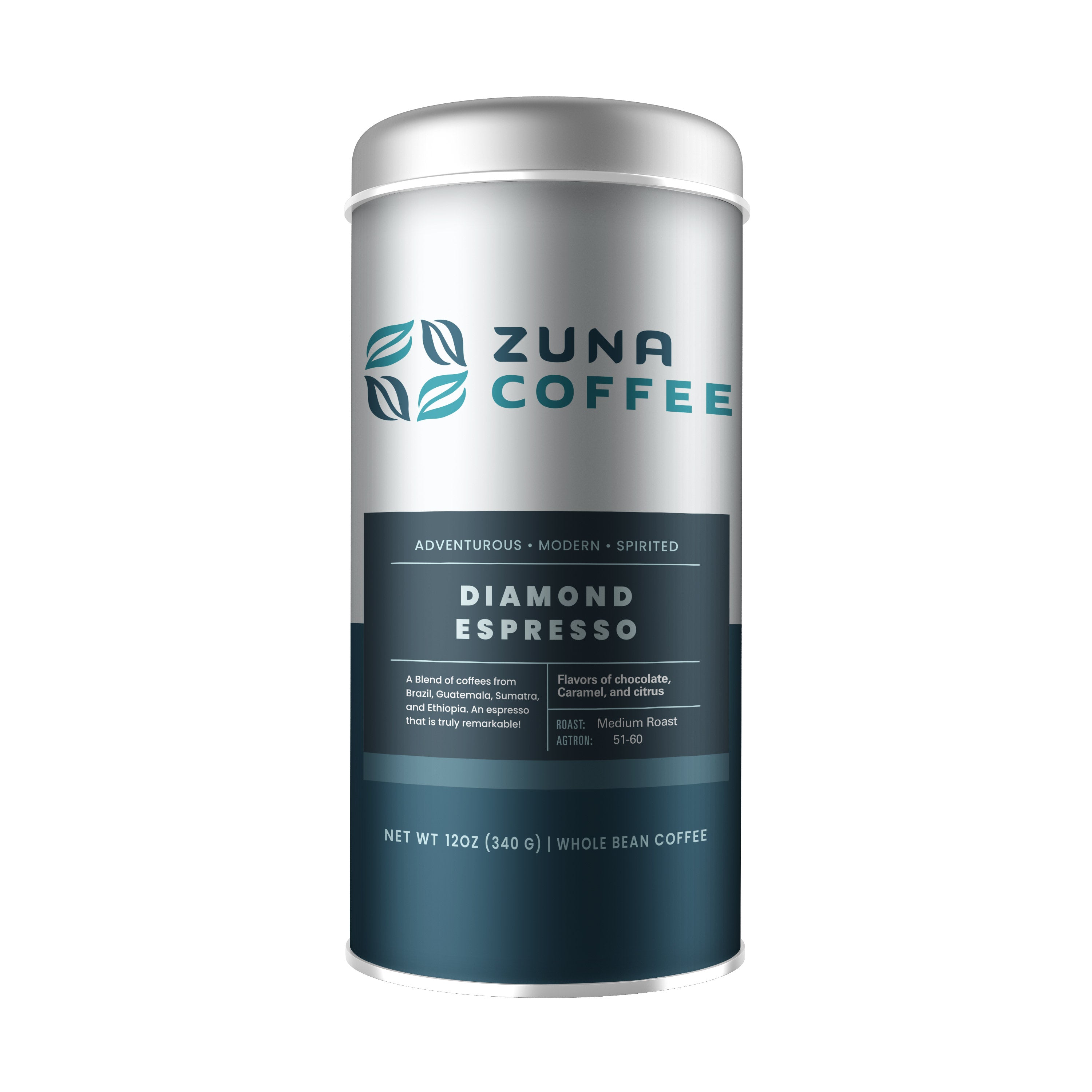 A silver cylindrical canister of Zuna Coffee Diamond Espresso whole bean coffee, featuring a metallic silver upper body and a dark teal lower label, set against a plain white background.