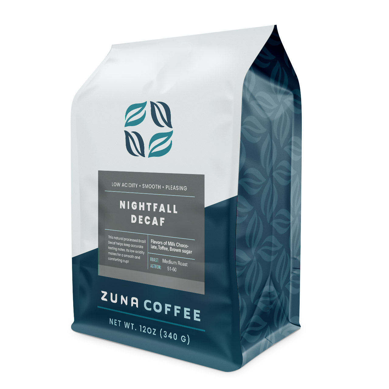 A 12 oz bag of Zuna Coffee Nightfall Decaf coffee, featuring a white and dark teal packaging design with a central gray label.