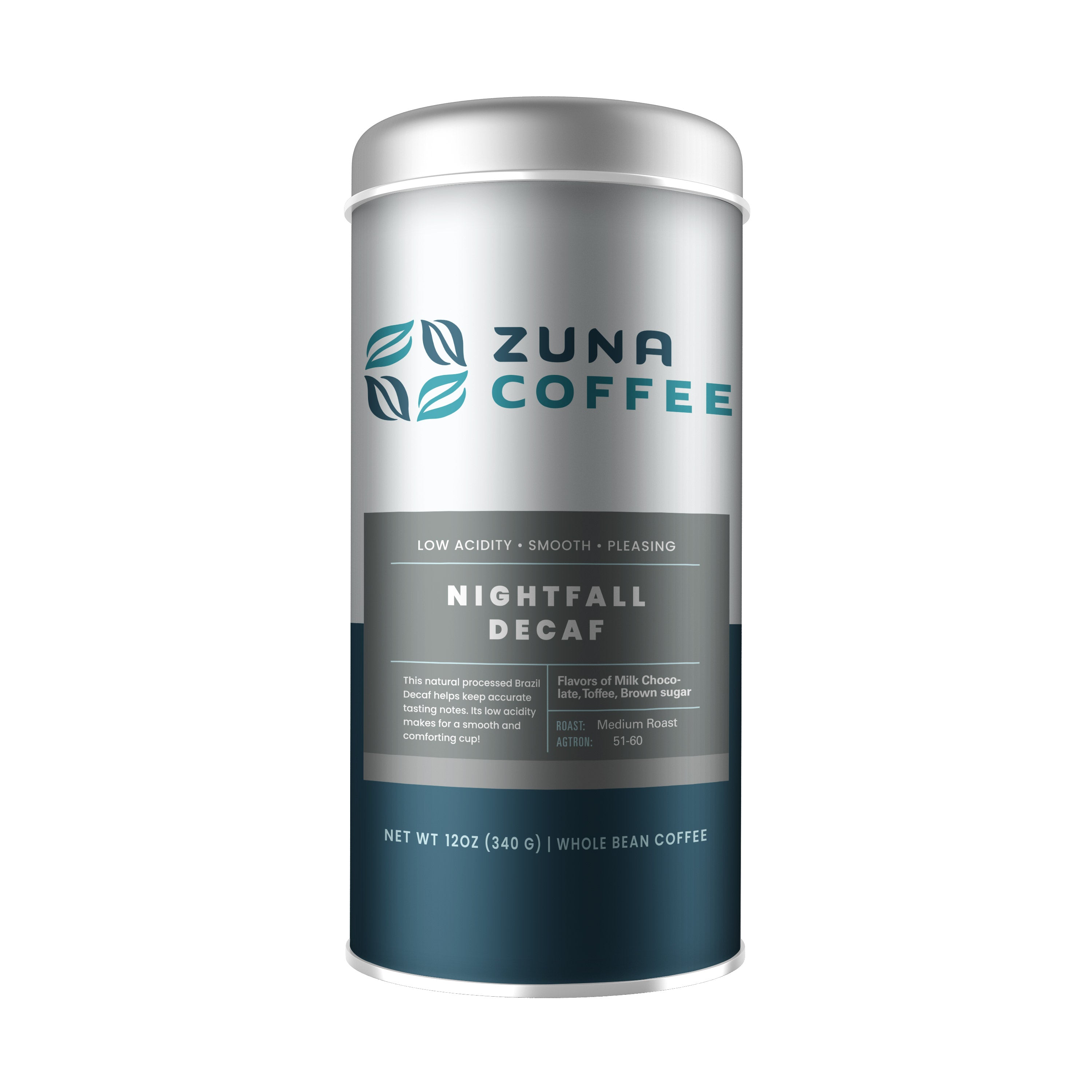 A cylindrical canister of Zuna Coffee Nightfall Decaf whole bean coffee, featuring a metallic silver upper half and a dark teal lower half, set against a plain white background.
