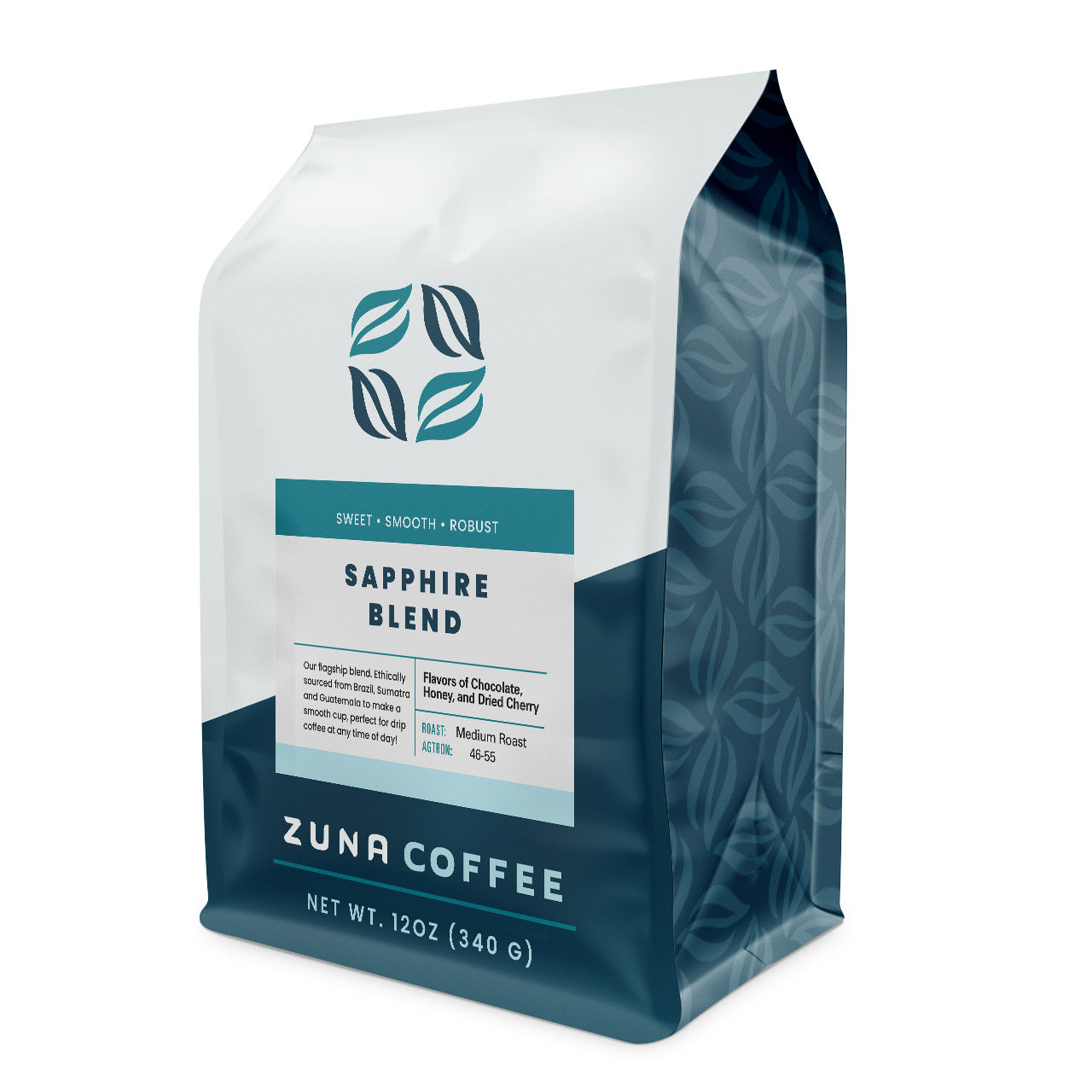 A 12 oz bag of Zuna Coffee Sapphire Blend medium roast coffee, featuring a white and dark teal packaging design with a geometric leaf logo.