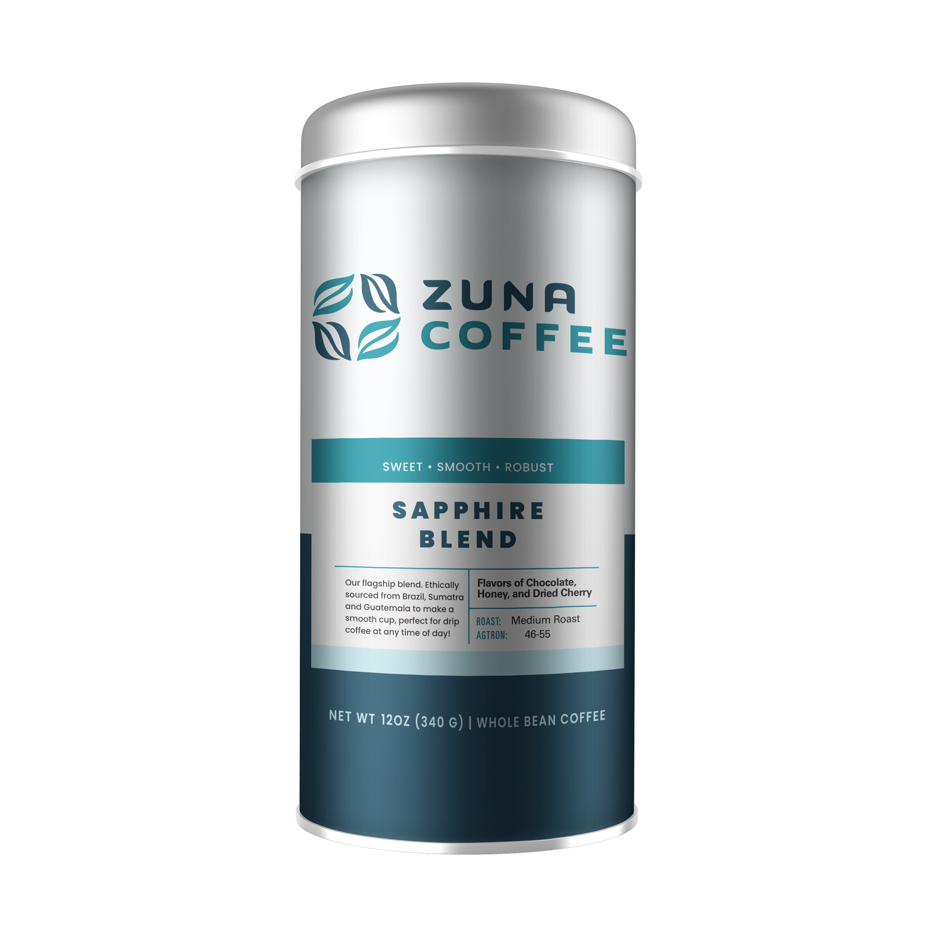 A cylindrical metal canister of Zuna Coffee Sapphire Blend whole bean coffee on a plain white background.