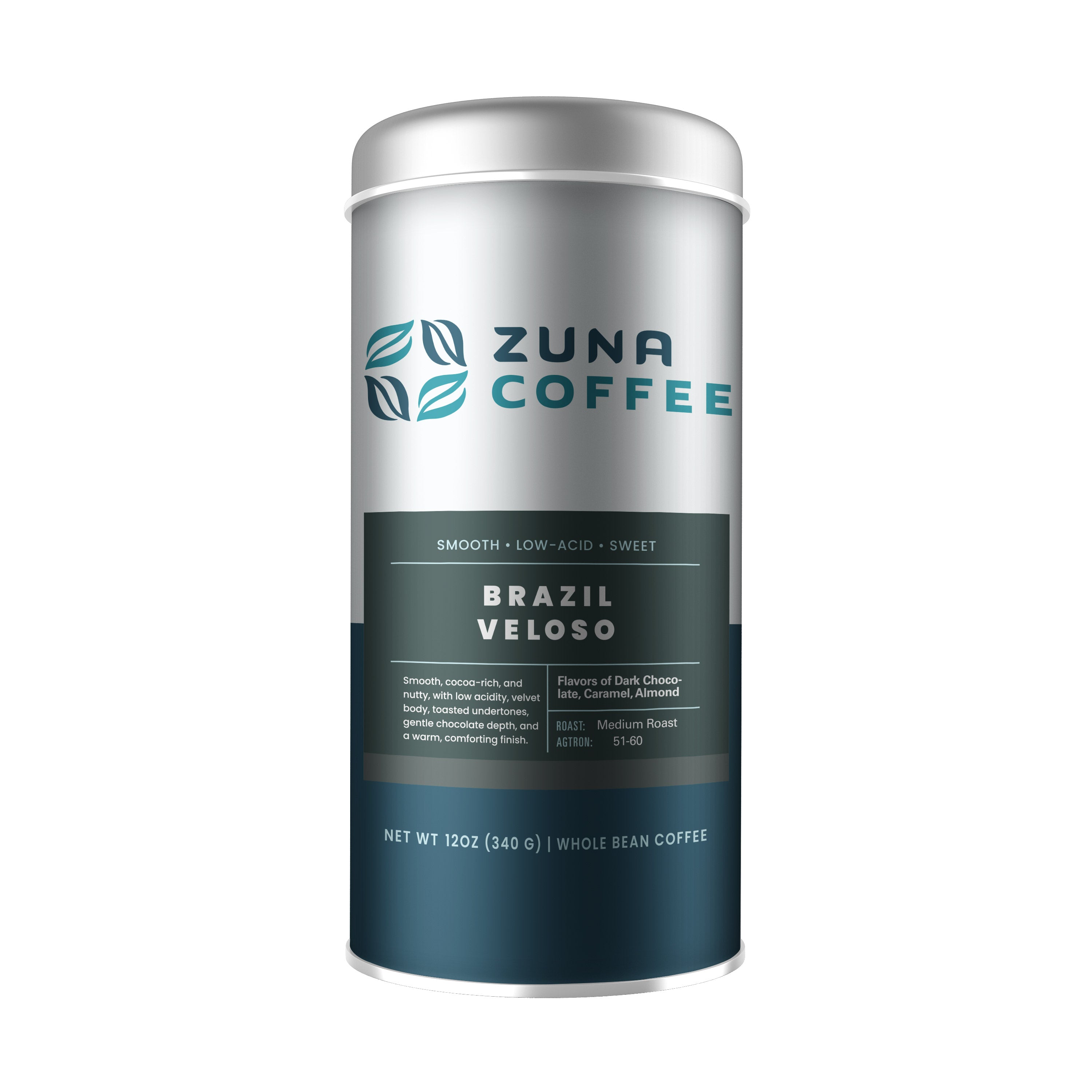 A silver cylindrical canister of Zuna Coffee Brazil Veloso whole bean coffee, featuring a dark teal label with white text, set against a plain white background.