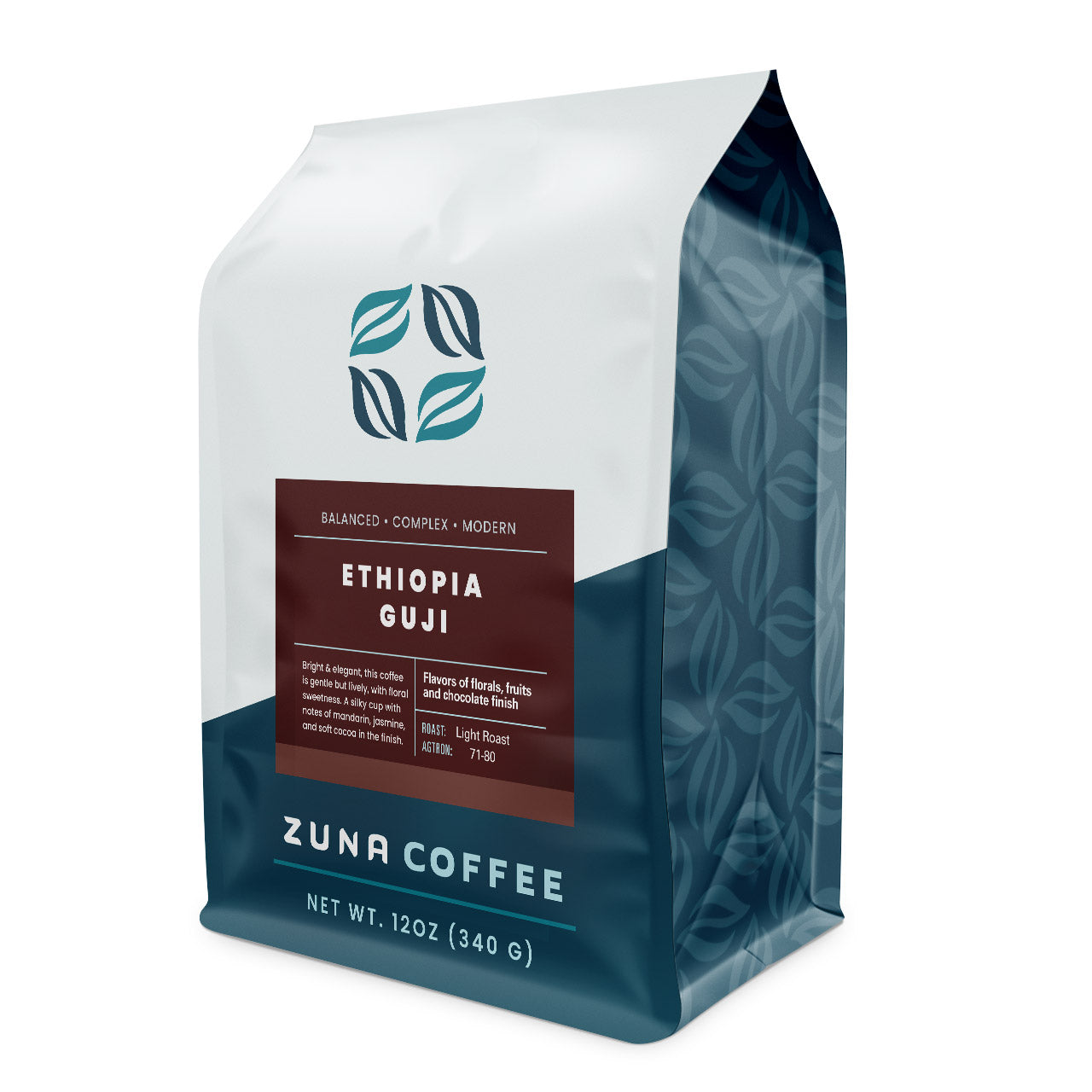 A 12 oz bag of Zuna Coffee Ethiopia Guji light roast coffee, featuring a white and dark teal bag with a dark brown label.