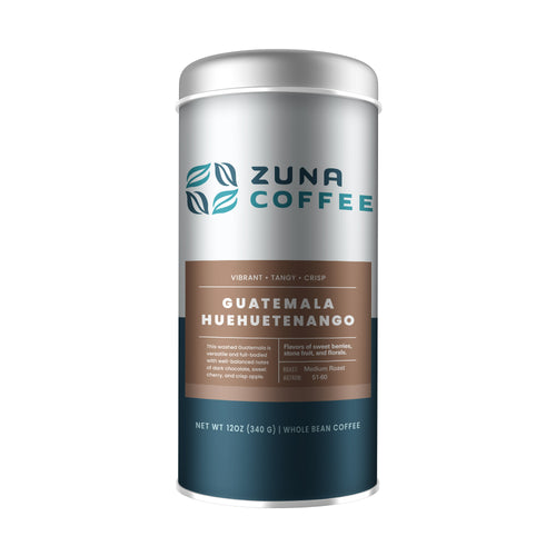 A tall cylindrical canister of Zuna Coffee Guatemala Huehuetango whole bean coffee on a plain white background.