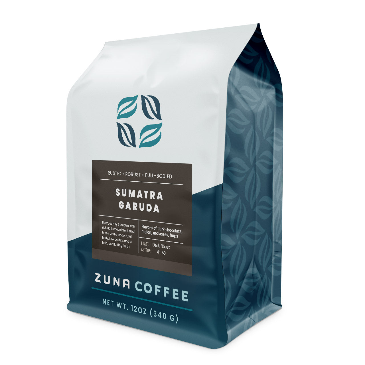 A 12 oz bag of Zuna Coffee Sumatra Garuda dark roast whole bean coffee, featuring a white and dark teal bag with a dark brown label.